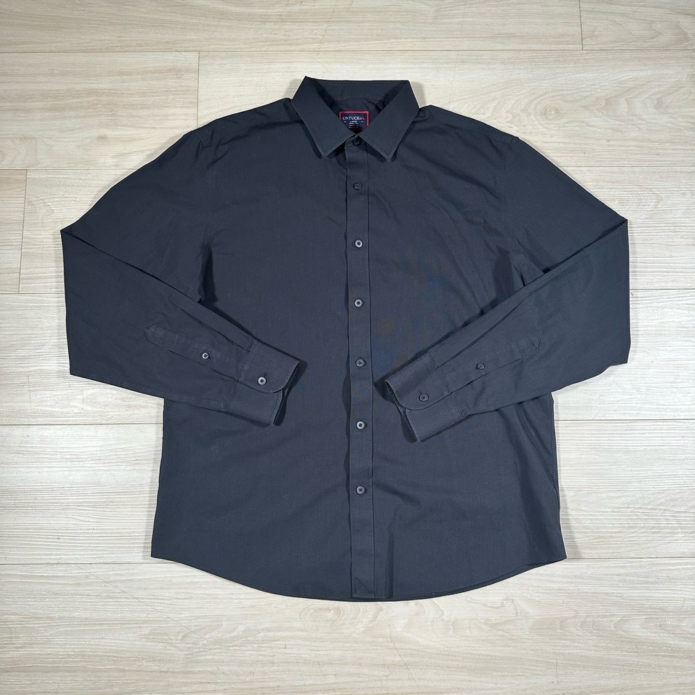 UNTUCKit Mens Large Wrinkle Free Regular Fit Button Up Shirt Black 100% Cotton